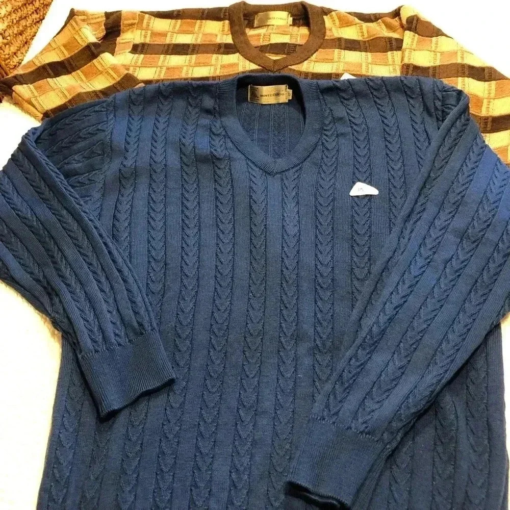 (2) Vintage Monte Carlo Mens Wool Blend Sweater Blue And Brown Large 40 & 42